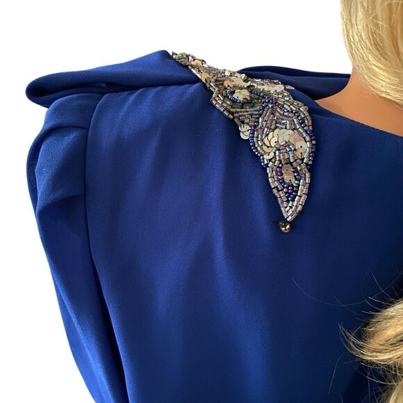 Vtg Dress 80s Long Sleeve Evening XLP Mother The Bride Modest Blue Sequins Midi - Picture 10 of 16